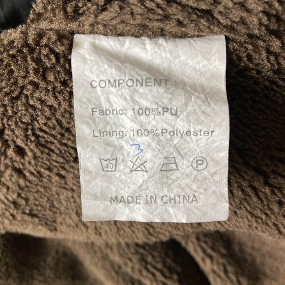 Men's (M) Black Faux Leather Jacket, Brown Plush Lining - Picture 6 of 7